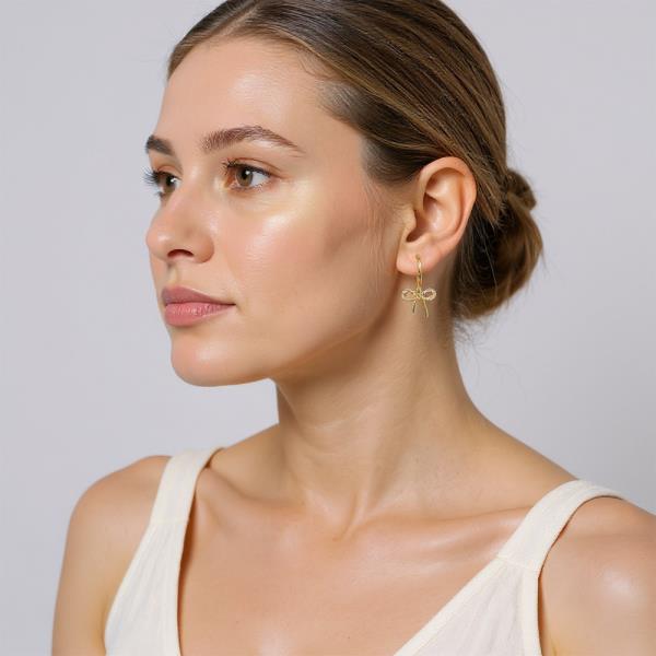 14K GOLD DIPPED RIBBON DANGLE CZ HUGGIE EARRING