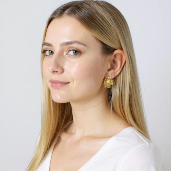 14K GOLD/ WHITE GOLD DIPPED DUAL FLOWER POST EARRING CZ