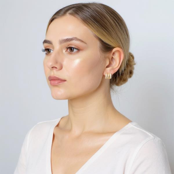 14K GOLD DIPPED TRIPLE BAND CZ PAVE POST EARRING