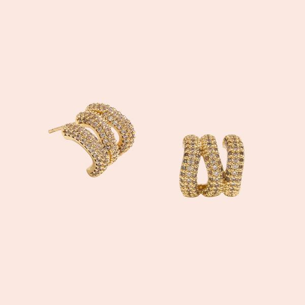 14K GOLD DIPPED TRIPLE BAND CZ PAVE POST EARRING