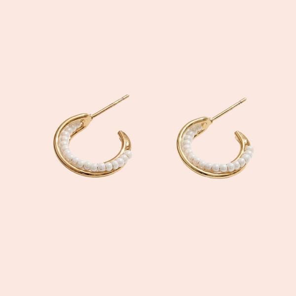 14K GOLD DIPPED SMALL POST HOOP WITH PEARL BEADS