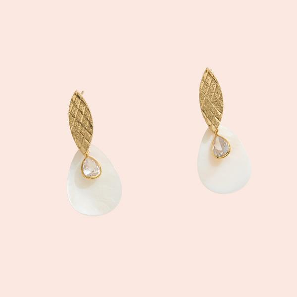 14K GOLD DIPPED LEAF MOTHER OF PEARL CZ POST EARRING
