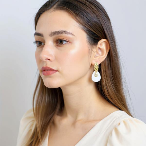 14K GOLD DIPPED LEAF MOTHER OF PEARL CZ POST EARRING