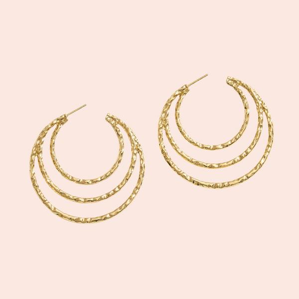 14K GOLD WHITE DIPPED TRIPLE HOOPS TEXTURED POST EARRINGS