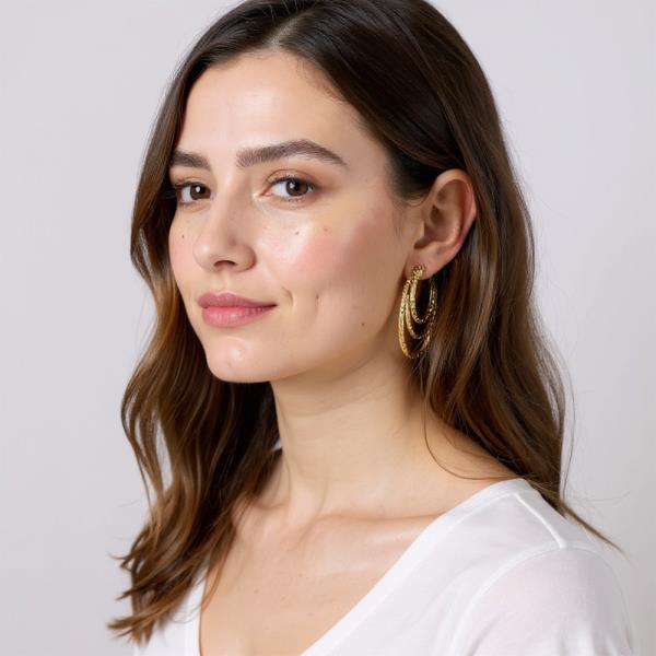 14K GOLD WHITE DIPPED TRIPLE HOOPS TEXTURED POST EARRINGS