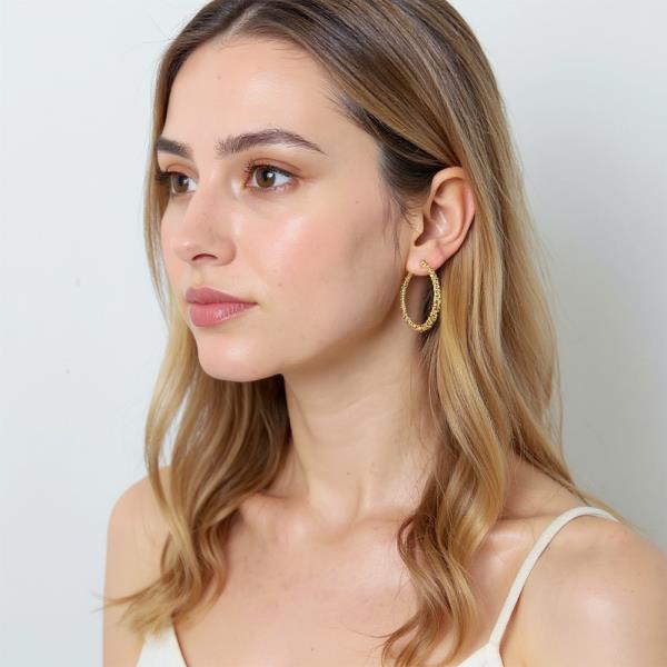 14K GOLD WHITE GOLD DIPPED TEXTURED POST HOOP EARRINGS