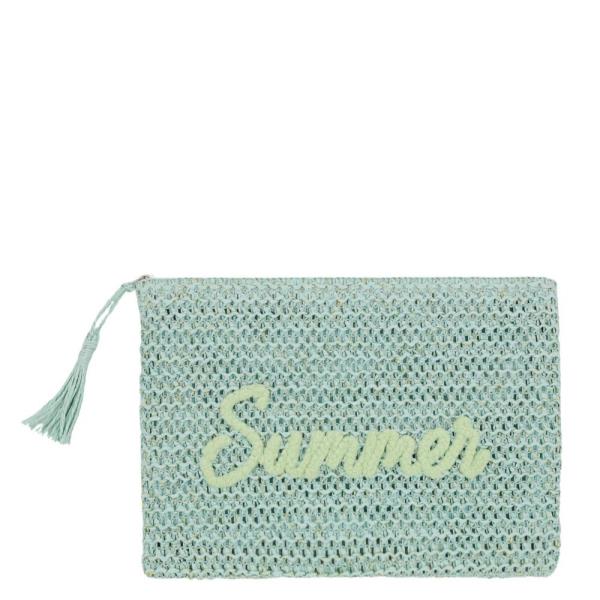 WOVEN STRAW POUCH WITH SUMMER EMBROIDERY AND GOLD LUREX DETAIL
