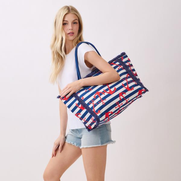ANCHOR STRIPE FRINGE TOTE BAG