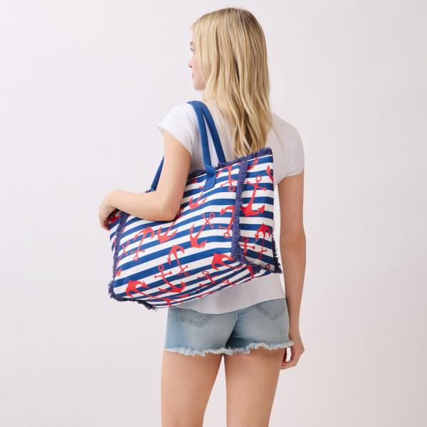 ANCHOR STRIPE FRINGE TOTE BAG