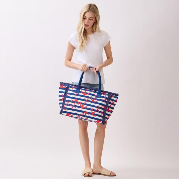 ANCHOR STRIPE FRINGE TOTE BAG