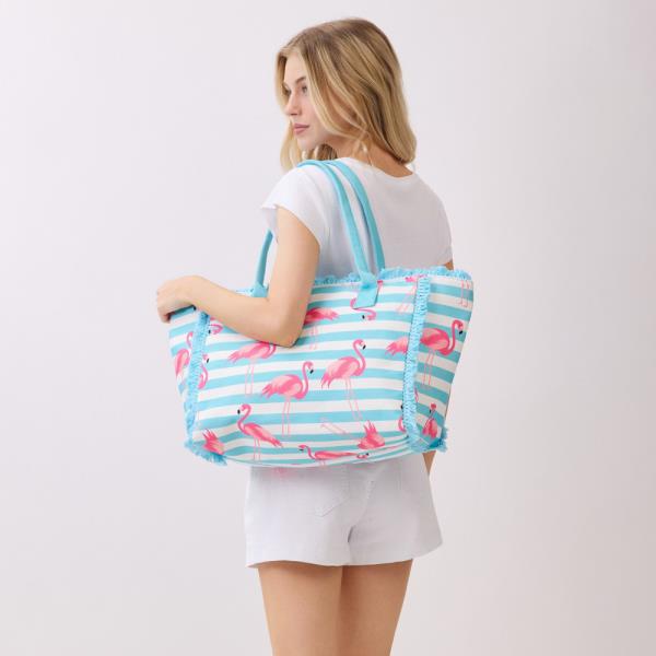 FLAMINGO STRIPE FRINGE TOTE BAG.