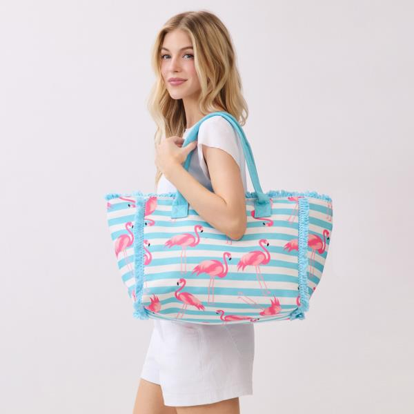 FLAMINGO STRIPE FRINGE TOTE BAG.