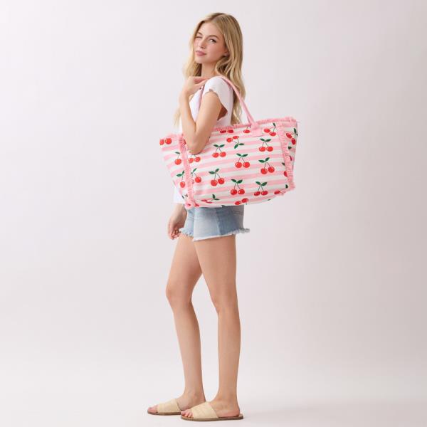 CHERRY STRIPE FRINGE TOTE BAG