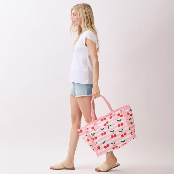 CHERRY STRIPE FRINGE TOTE BAG