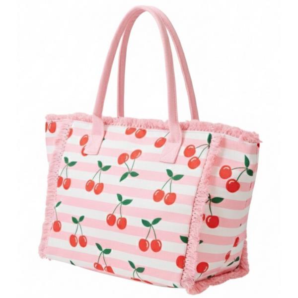 CHERRY STRIPE FRINGE TOTE BAG