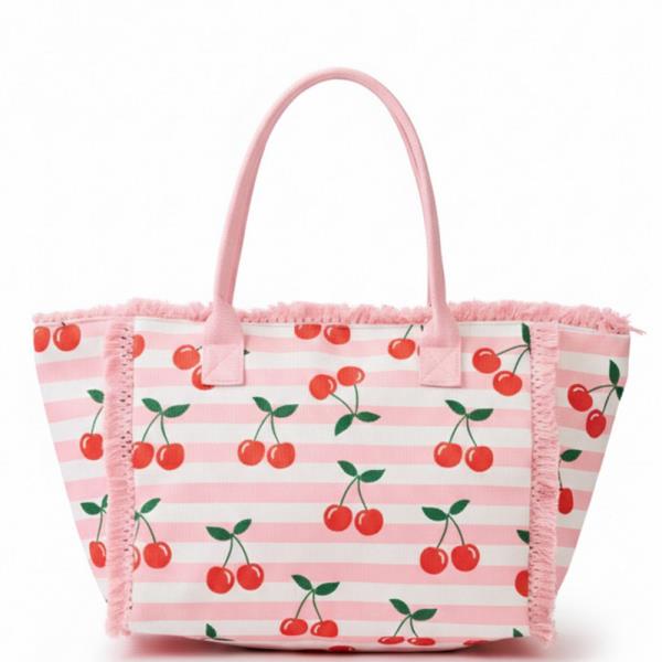 CHERRY STRIPE FRINGE TOTE BAG