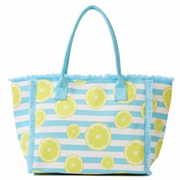 LEMON STRIPE FRINGE TOTE BAG