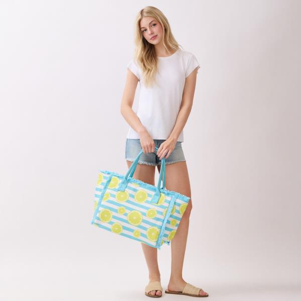 LEMON STRIPE FRINGE TOTE BAG