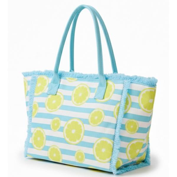 LEMON STRIPE FRINGE TOTE BAG