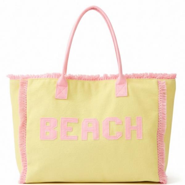 EMBROIDERED BEACH LETTER TERRY CLOTH FRAYED STRIPED TOTE BAG