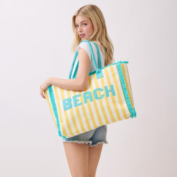 EMBROIDERED BEACH LETTER TERRY CLOTH FRAYED STRIPED TOTE BAG
