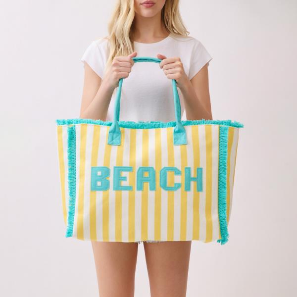 EMBROIDERED BEACH LETTER TERRY CLOTH FRAYED STRIPED TOTE BAG