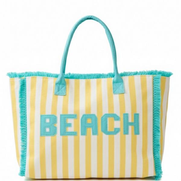 EMBROIDERED BEACH LETTER TERRY CLOTH FRAYED STRIPED TOTE BAG
