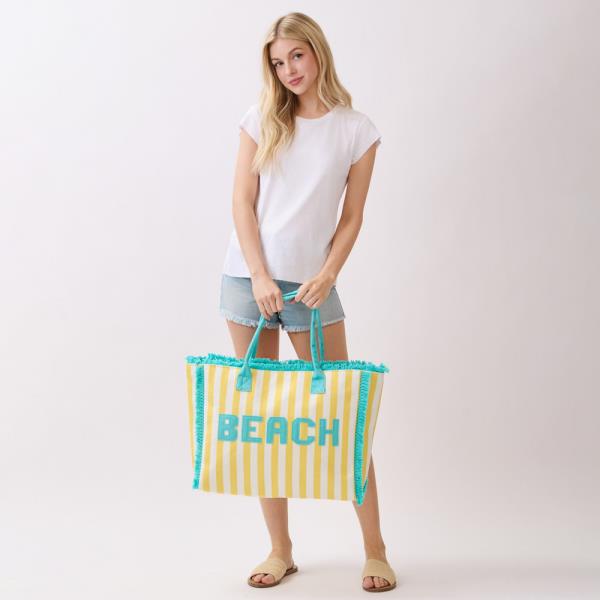 EMBROIDERED BEACH LETTER TERRY CLOTH FRAYED STRIPED TOTE BAG