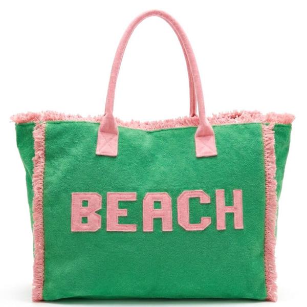 EMBROIDERED BEACH LETTER TERRY CLOTH FRAYED TOTE BAG
