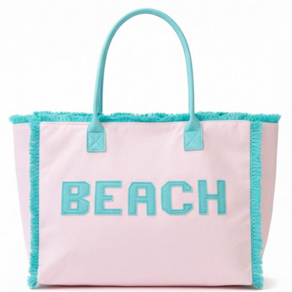 EMBROIDERED BEACH LETTER TERRY CLOTH FRAYED TOTE BAG