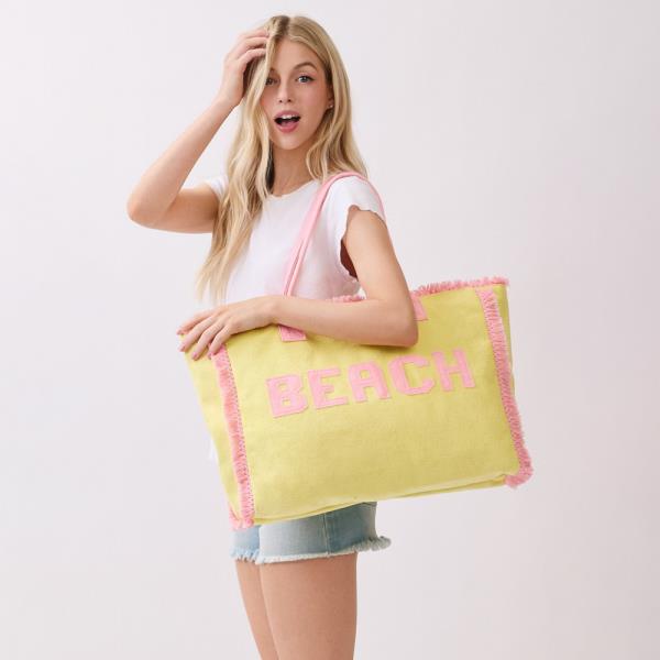 EMBROIDERED BEACH LETTER TERRY CLOTH FRAYED TOTE BAG