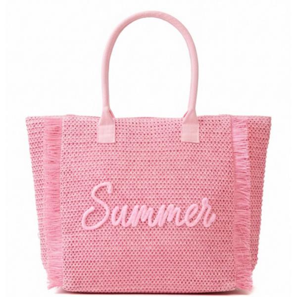 WOVEN STRAW FRINGE TOTE WITH SUMMER EMBROIDERY AND GOLD LUREX DETAIL