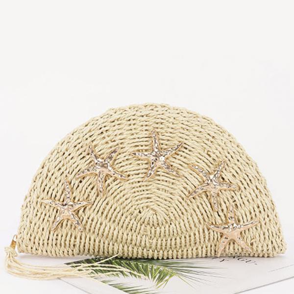 STRAW HALF MOON CLUTCH W STARFISH EMBELLISHMENTS