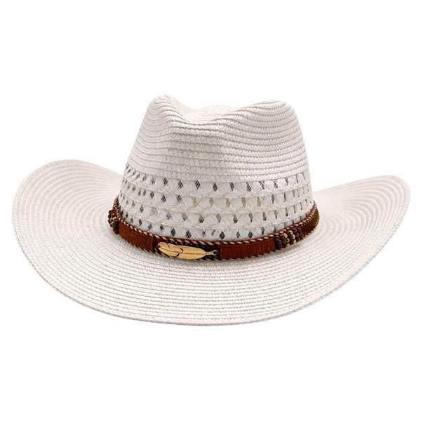 WOVEN STRAW PINCHED CROWN CURVED WIDE BRIM COWBOY HAT WITH METAL FEATHER BELT BAND