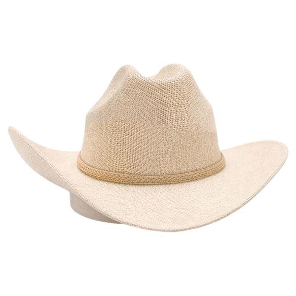 WOVEN STRAW PINCHED CROWN CURVED WIDE BRIM COWBOY HAT