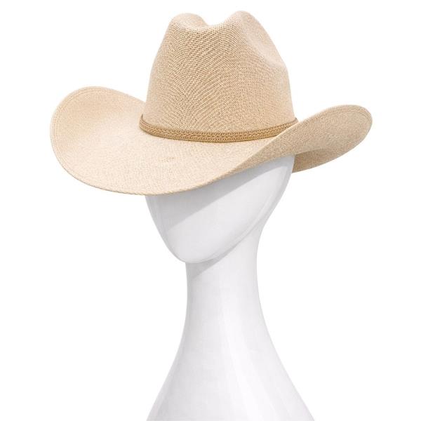 WOVEN STRAW PINCHED CROWN CURVED WIDE BRIM COWBOY HAT