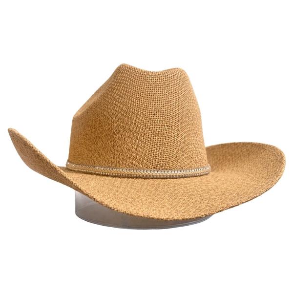 WOVEN STRAW PINCHED CROWN CURVED WIDE BRIM COWBOY HAT