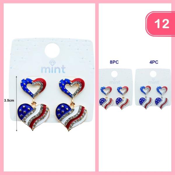 USA RHINESTONE HEART DANGLE EARRING (12 UNITS)