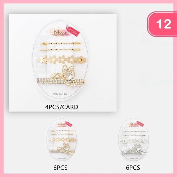 RHINESTONE BUTTERFLY METAL FLOWER HAIR PINS SET (12 UNITS)