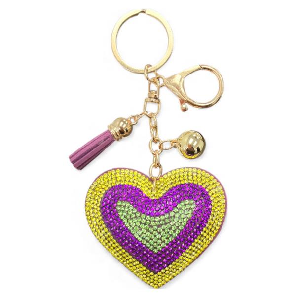 RHINESTONE MARDI GRAS HEART KEYCHAIN WITH TASSEL