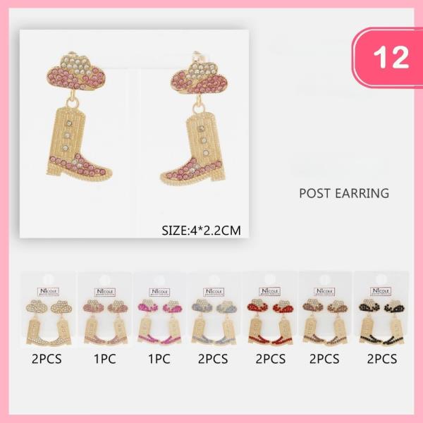 RHINESTONE WESTERN HAT BOOT EARRINGS (12 UNITS)