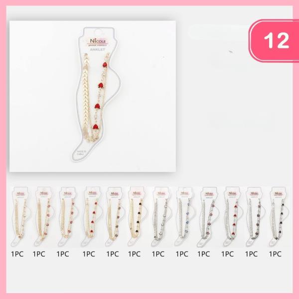 LAYERED CHAINS WITH RED HEART PENDANT ANKLET (12 UNITS)