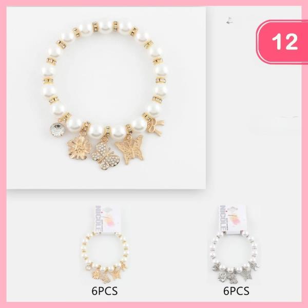 RHINESTONE BEADED BUTTERFLY FLOWER BOW CHARM BRACELET (12 UNITS)