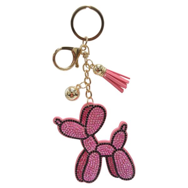 RHINESTONE PINK BALLOON DOG KEYCHAIN WITH TASSEL