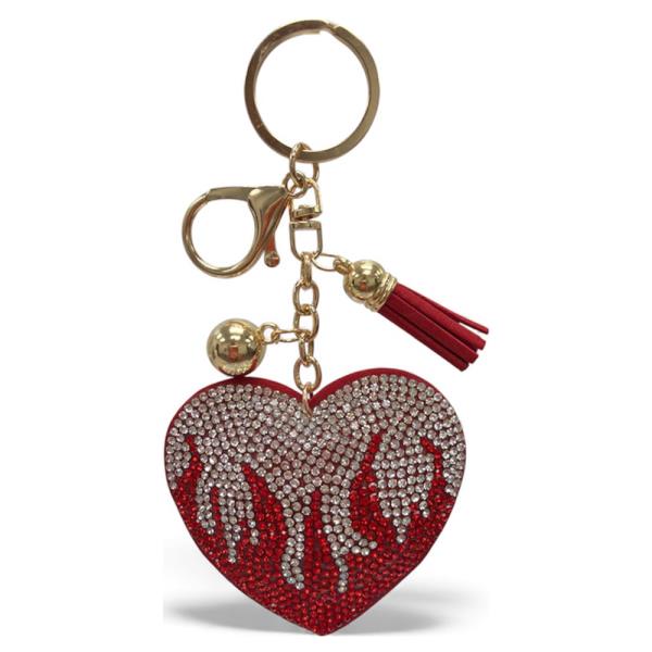 RHINESTONE FLAME HEART KEYCHAIN WITH TASSEL