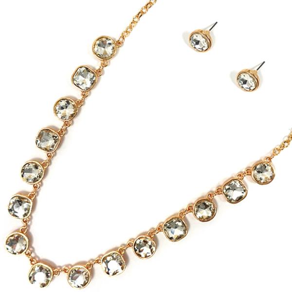 METAL  WITH GLASS PENDANTS NECKLACE EARRING SET