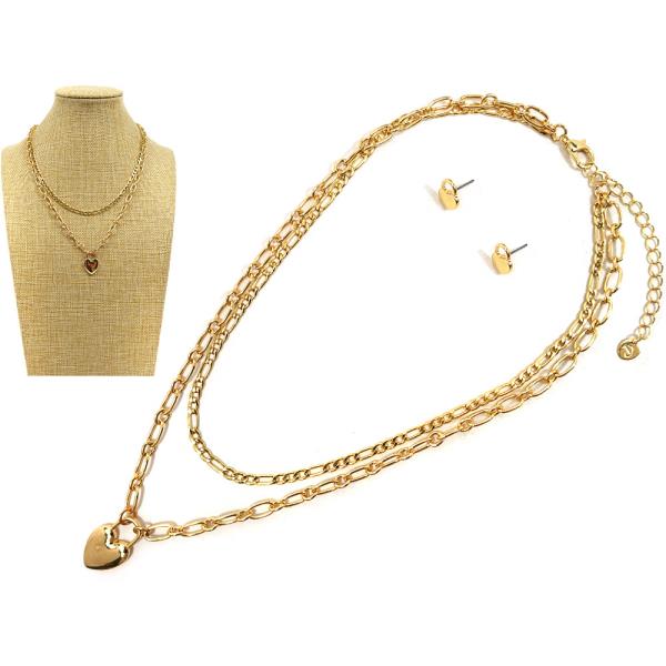 LAYERED HEART PENDANT NECKLACE EARRING SET