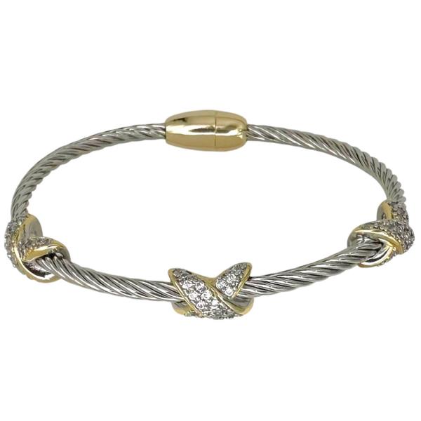 TWO TONE CABLE CZ PAVE “X” BANGLE