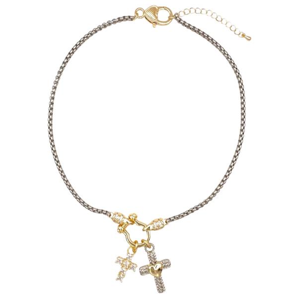 TWO TONE CZ PAVE DOUBLE CROSS NECKLACE