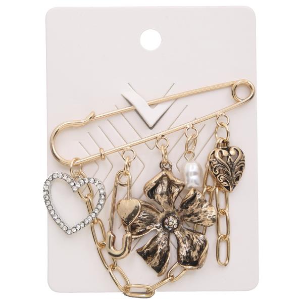FLOWER HEART MULTI CHARM CHAIN METAL PIN